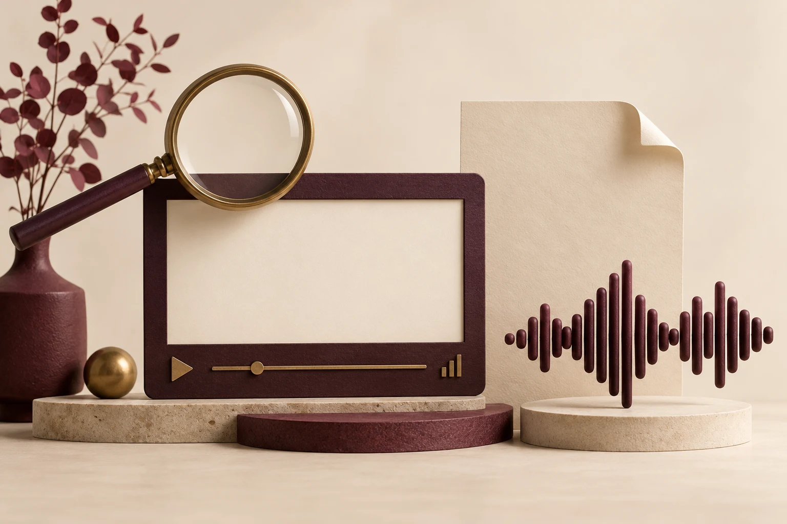 Lupa, pantalla vacía y onda sonora decorativa, concepto de alfabetización mediática.