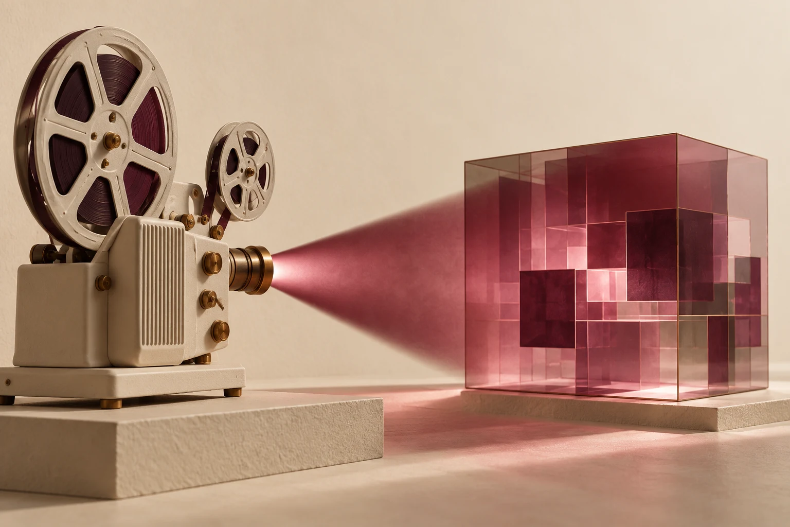 Proyector y cubo geométrico, concepto original de cine y tecnología sin representar la película.