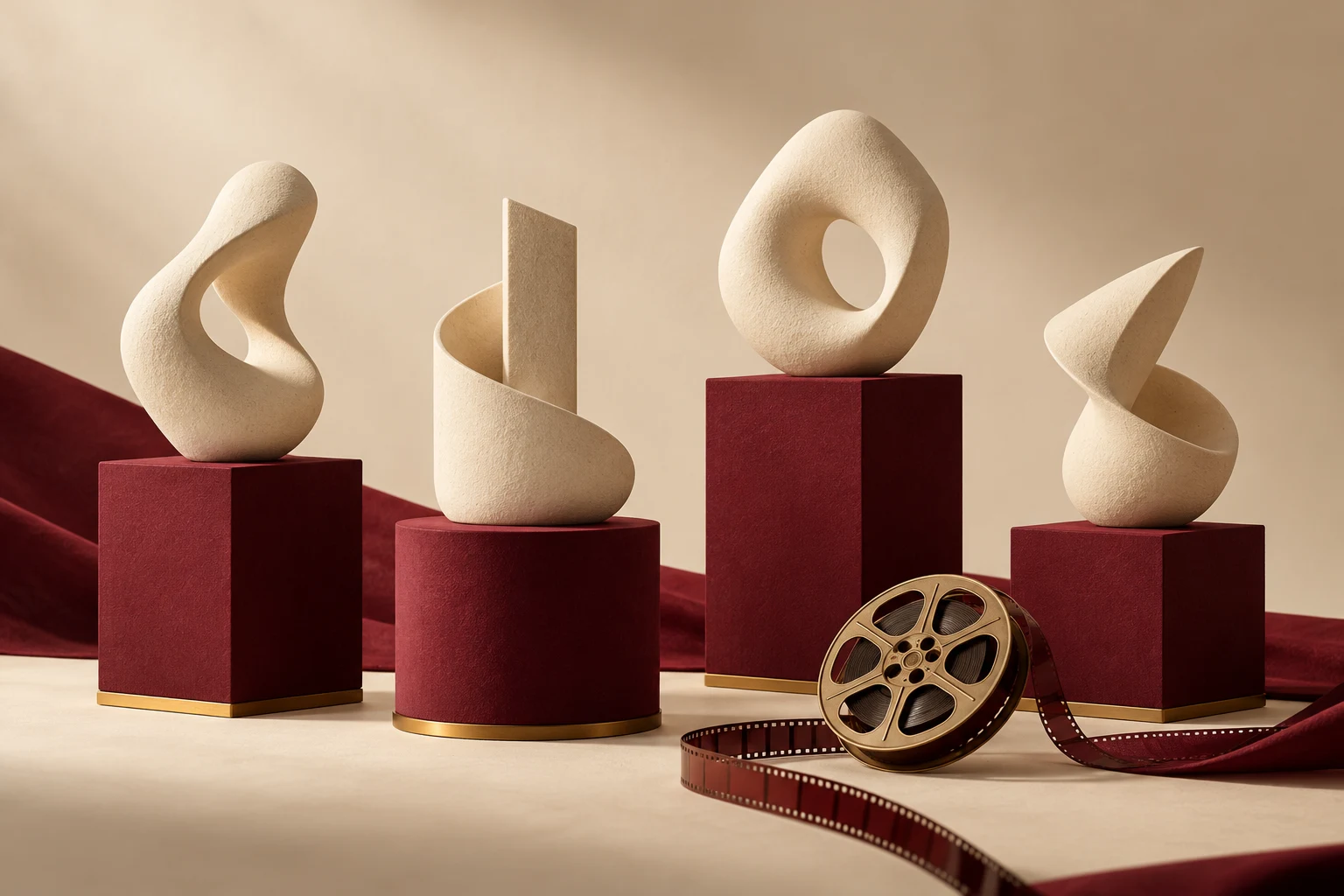 Cuatro esculturas abstractas, metáfora de apoyo a cineastas sin trofeos oficiales o retratos.
