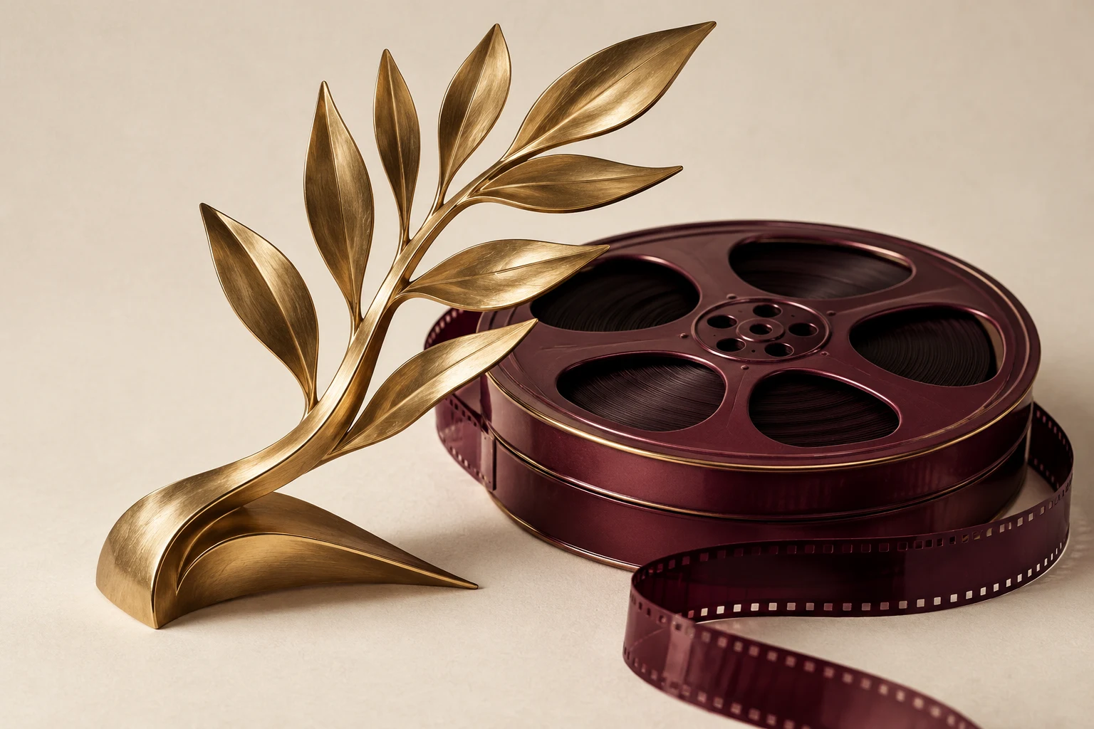Hoja dorada abstracta y bobina; ilustración conceptual, no el trofeo oficial ni una imagen de la película.