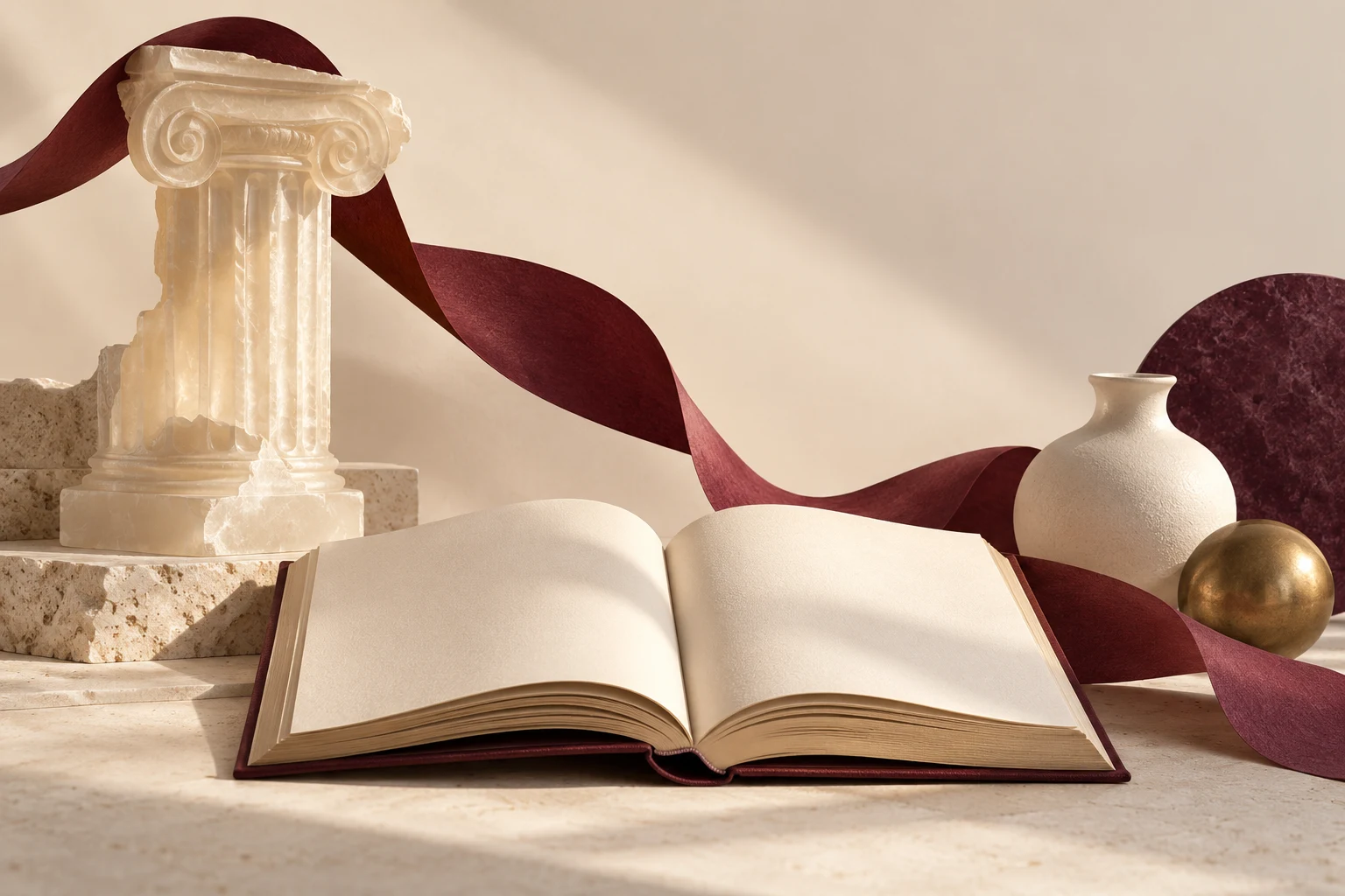 Libro vacío y columna translúcida, metáfora del diálogo literario con la tradición clásica.