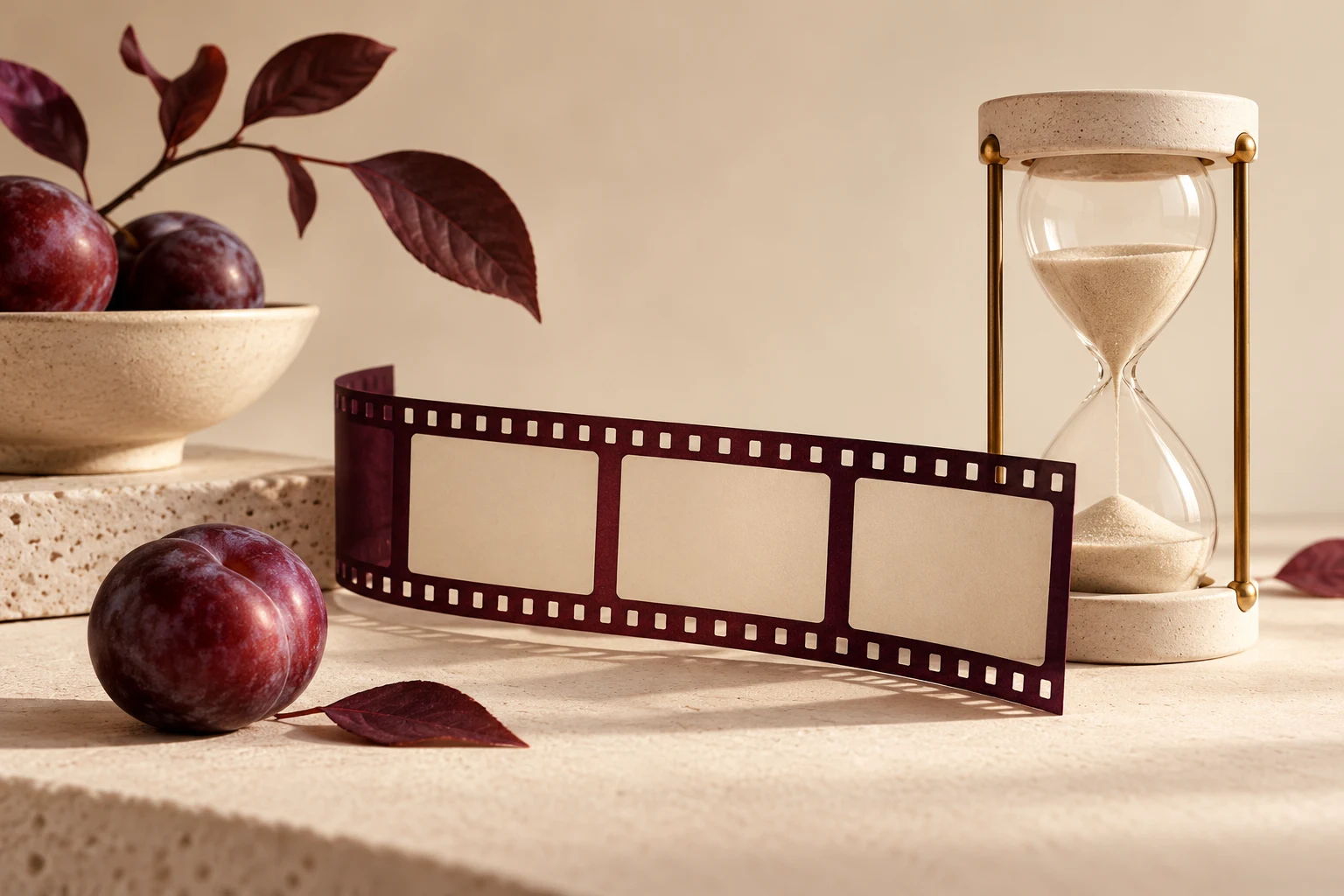 Tira de película vacía y reloj de arena, metáfora original del cortometraje.
