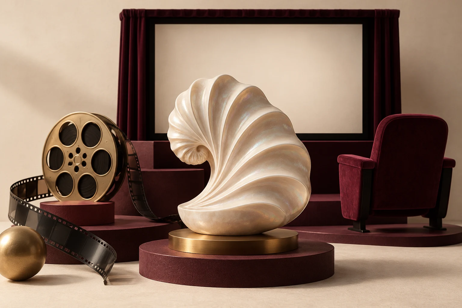Concha escultórica y pantalla vacía, composición conceptual sin representar el premio oficial.