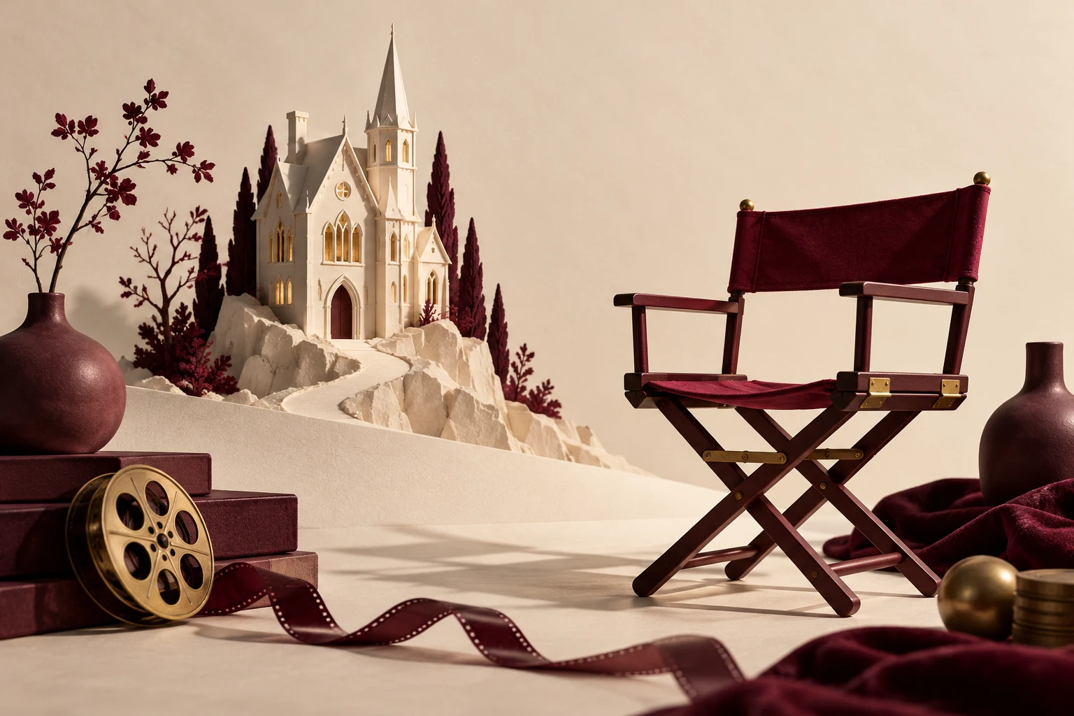 Casa gótica de papel y silla vacía, ilustración conceptual de dirección de cine fantástico.
