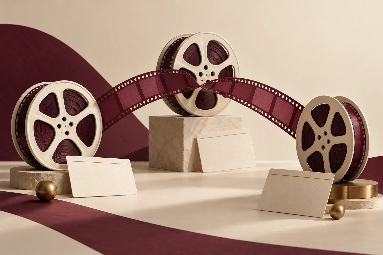 Bobinas y puente de papel, metáfora de cooperación audiovisual sin insignias oficiales.