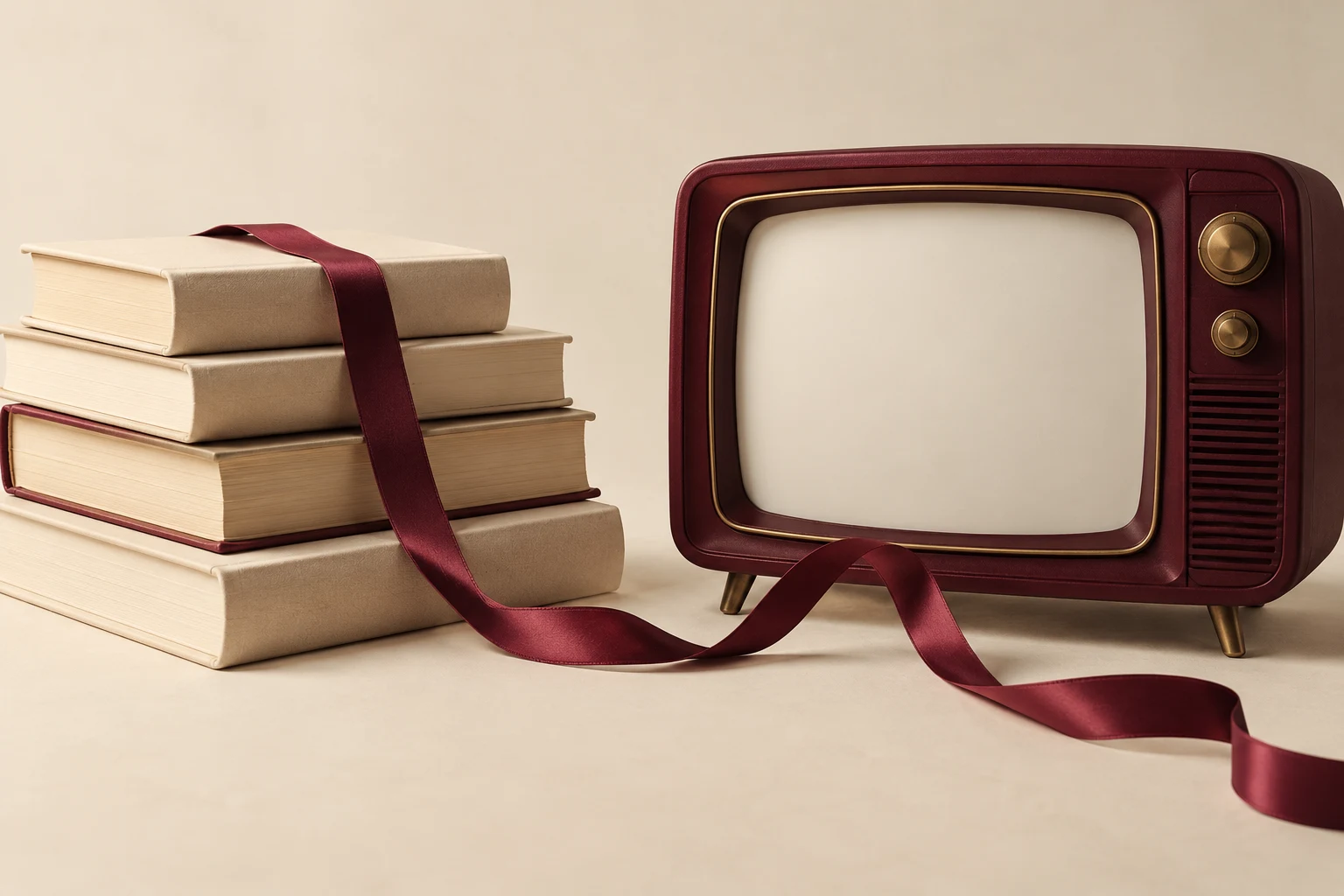 Libros sin títulos y televisor con pantalla vacía, metáfora de adaptación literaria.