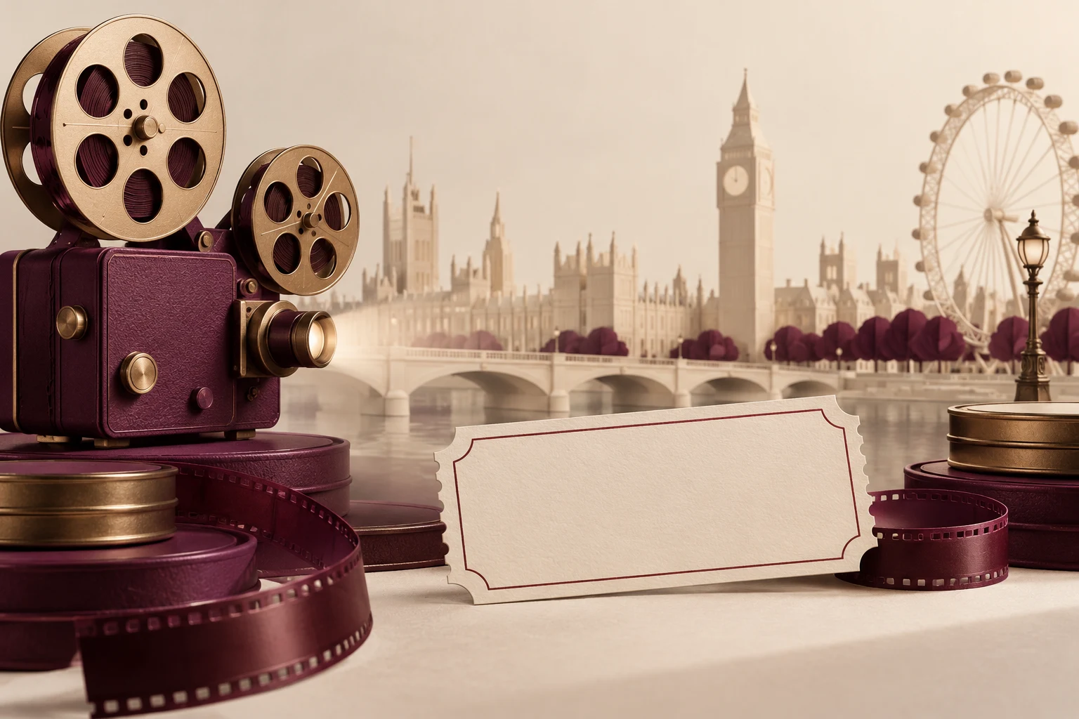 Maqueta conceptual de Londres, proyector y entrada vacía; no documenta una sesión real.
