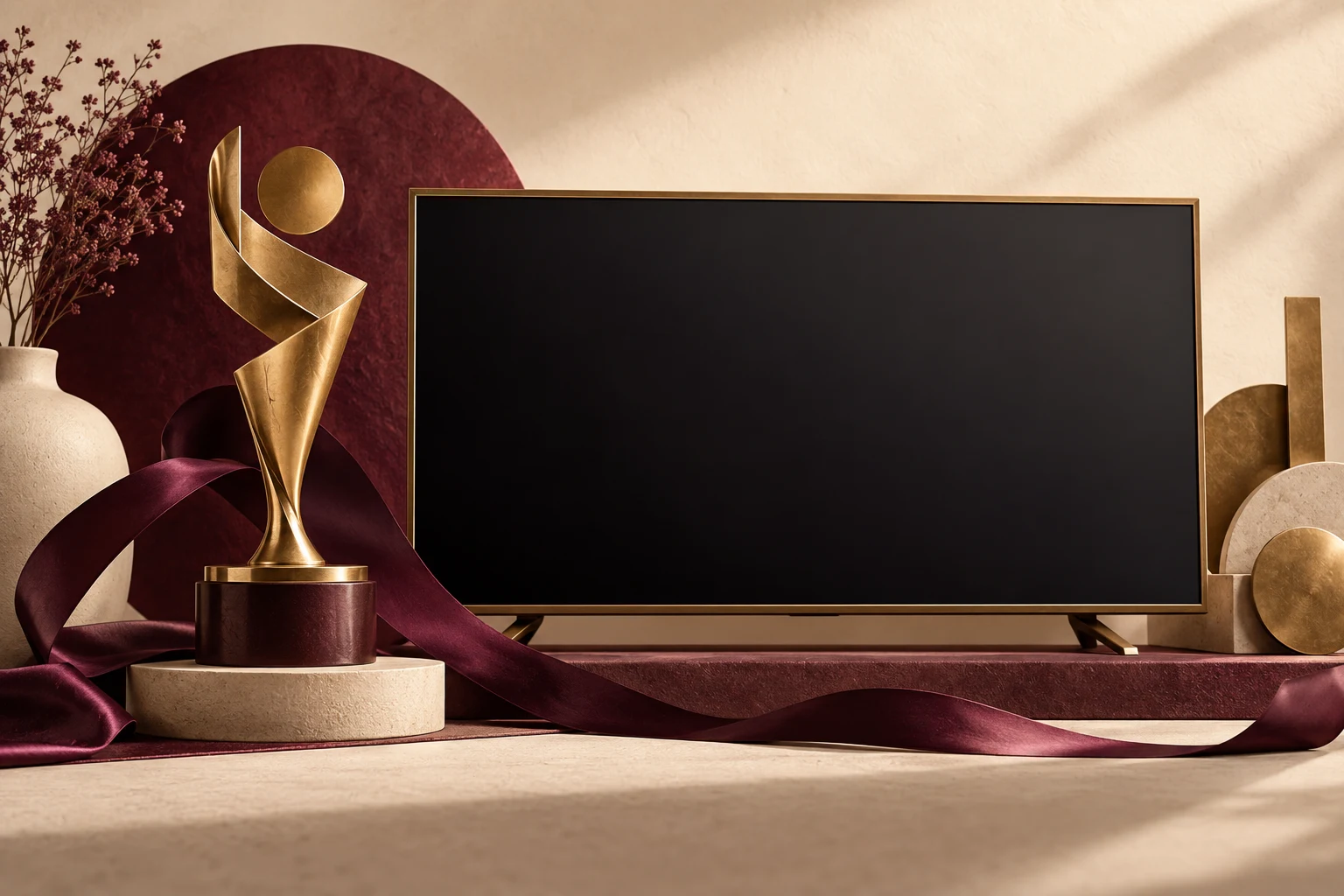 Pantalla vacía y figura abstracta de premio, sin reproducir la estatuilla Emmy ni la serie.