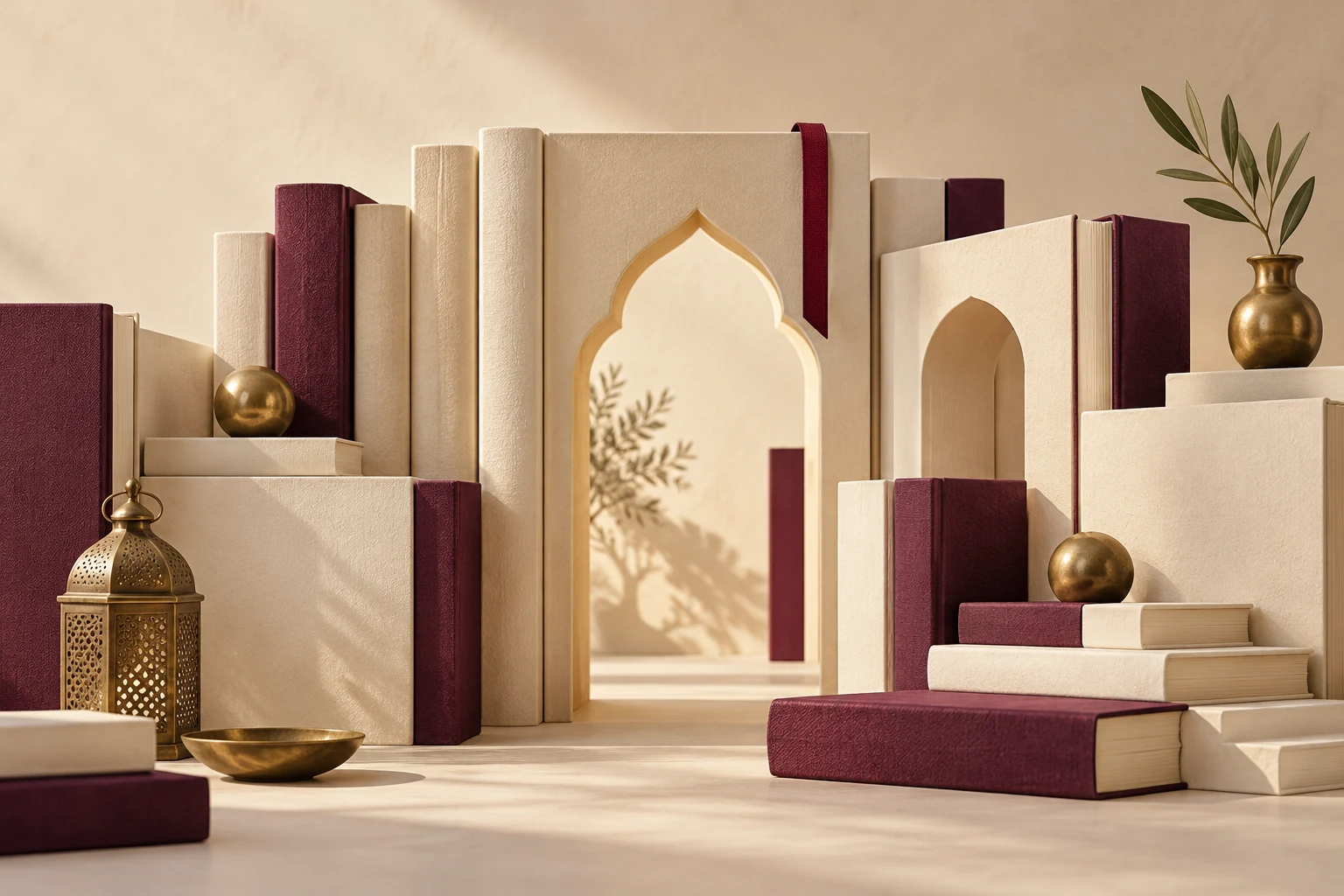 Libros sin títulos y patio de papel, composición conceptual que no reproduce un edificio de Rabat.
